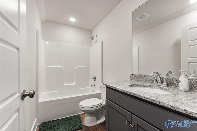 246 Tybee Dr, Madison, AL 35756 - full bath featuring vanity, toilet, shower / bath combination, wood finished floors, and recessed lighting