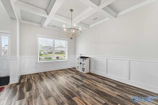 246 Tybee Dr, Madison, AL 35756 - unfurnished dining area with coffered ceiling, beam ceiling, a chandelier, dark wood-style floors, and wainscoting