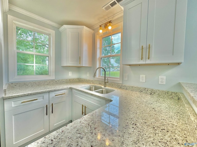 kitchen featuring ornamental molding, plenty of natural light, sink, and white cabinetry