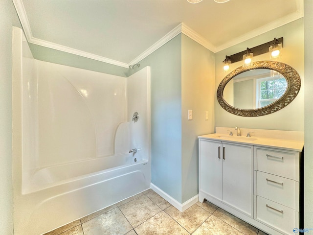 bathroom with ornamental molding, washtub / shower combination, tile patterned flooring, and vanity