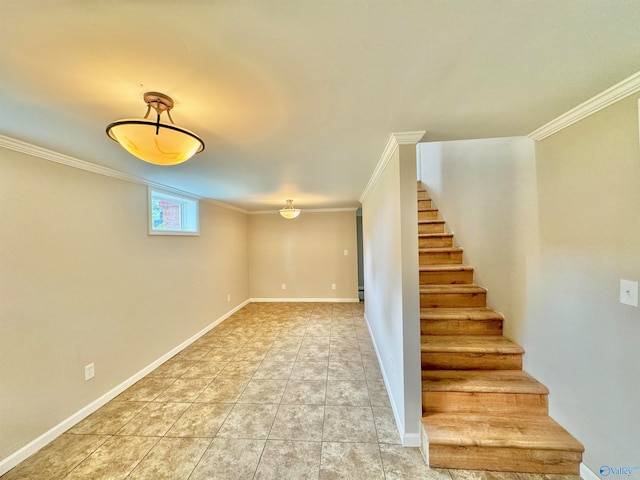 stairs with crown molding and tile patterned flooring