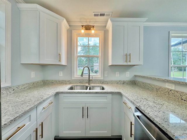 kitchen with plenty of natural light, sink, and crown molding