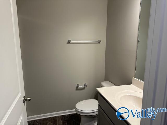 bathroom featuring vanity, toilet, and hardwood / wood-style flooring