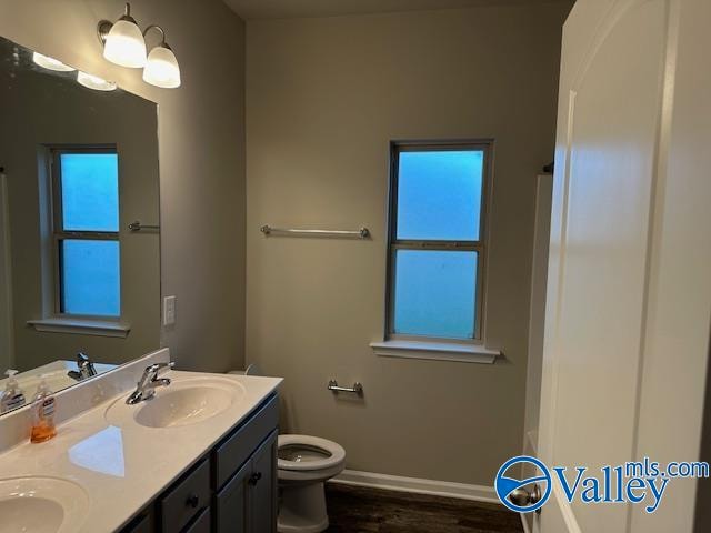 bathroom with wood-type flooring, vanity, and toilet