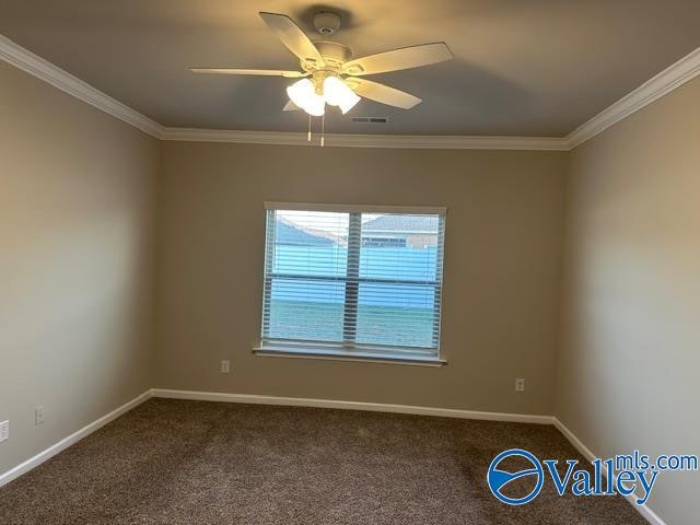 unfurnished room featuring crown molding, carpet flooring, and ceiling fan