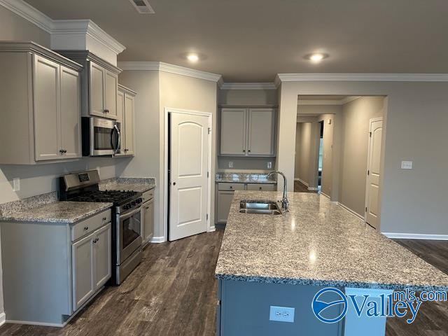 kitchen featuring dark wood-style floors, stainless steel appliances, gray cabinets, and a sink