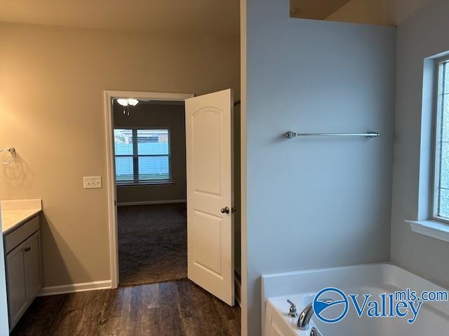 bathroom featuring hardwood / wood-style floors, a bath, and vanity