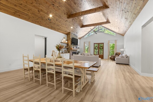 dining room featuring beam ceiling, high vaulted ceiling, wooden ceiling, and light wood-type flooring