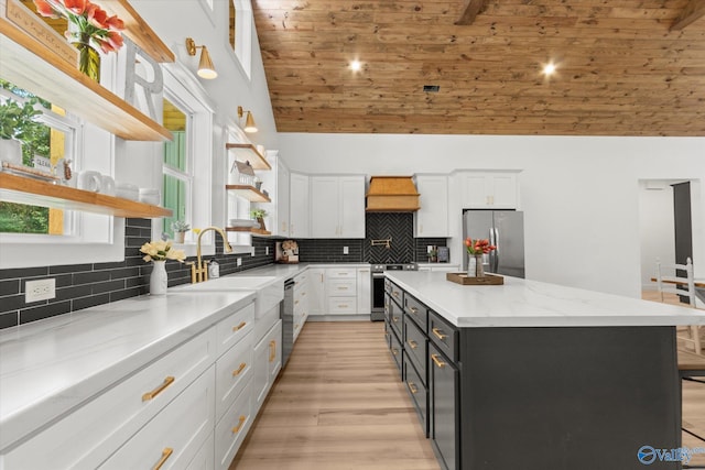 kitchen with white cabinetry, custom exhaust hood, a center island, wood ceiling, and stainless steel appliances