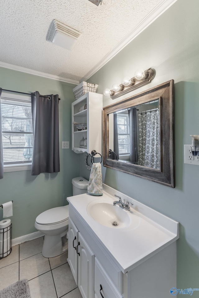 full bath with toilet, ornamental molding, vanity, a textured ceiling, and tile patterned flooring