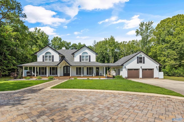 farmhouse inspired home with an attached garage, a front yard, covered porch, a chimney, and driveway