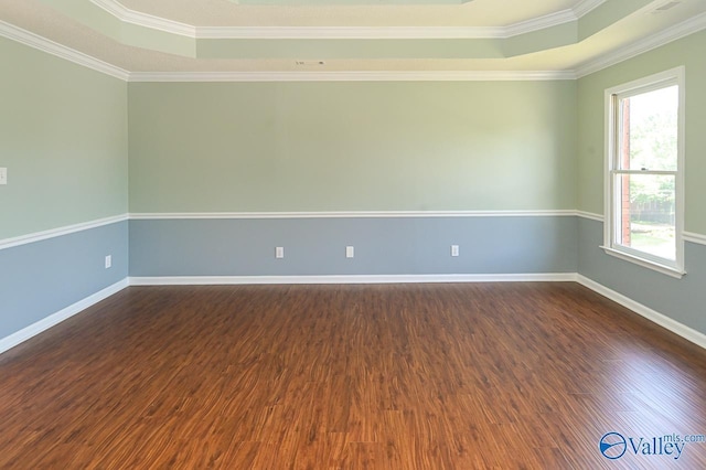 unfurnished room with crown molding, dark hardwood / wood-style floors, and a raised ceiling