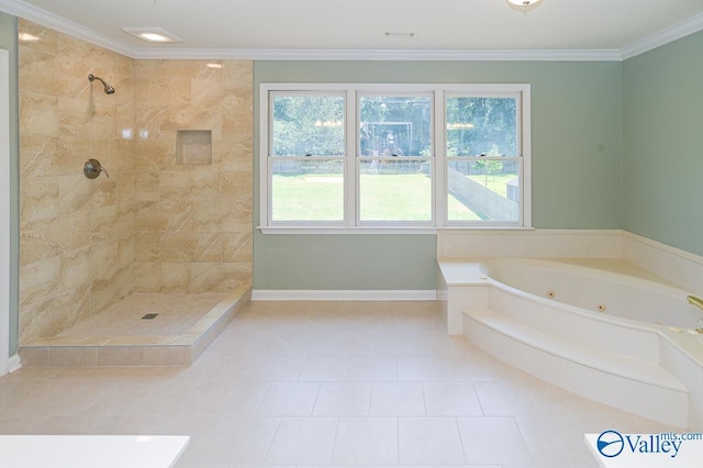 bathroom with tile patterned flooring, ornamental molding, and shower with separate bathtub