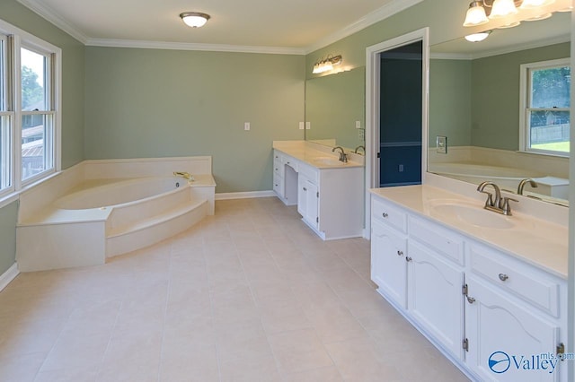 bathroom featuring vanity, tile patterned floors, ornamental molding, and a tub