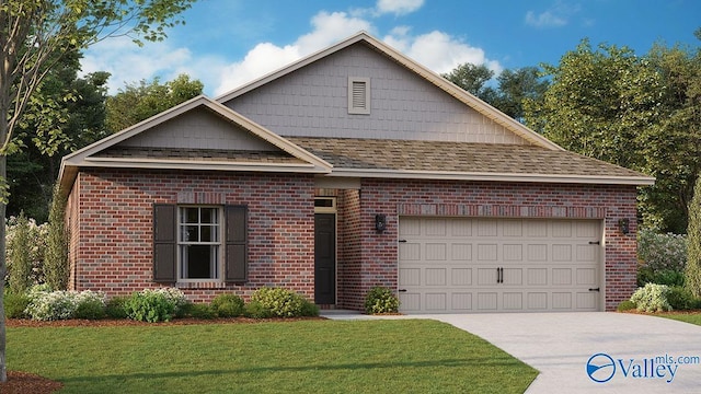 18882 Wicklow Cir, Athens, AL 35613 - view of front facade featuring a garage, driveway, brick siding, a front yard, and roof with shingles