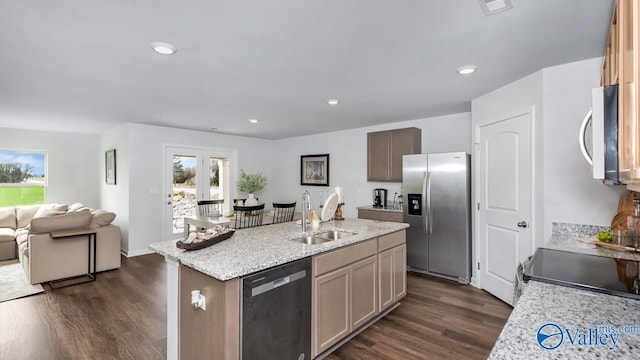 18882 Wicklow Cir, Athens, AL 35613 - kitchen featuring appliances with stainless steel finishes, a sink, dark wood-style flooring, open floor plan, and recessed lighting