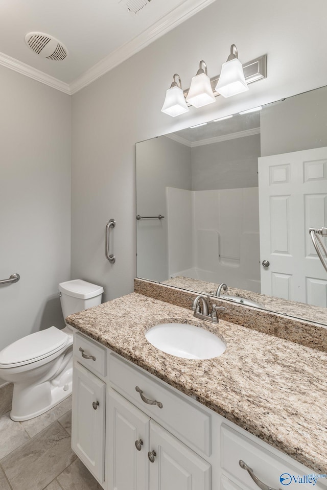 full bath featuring crown molding, walk in shower, vanity, toilet, and visible vents