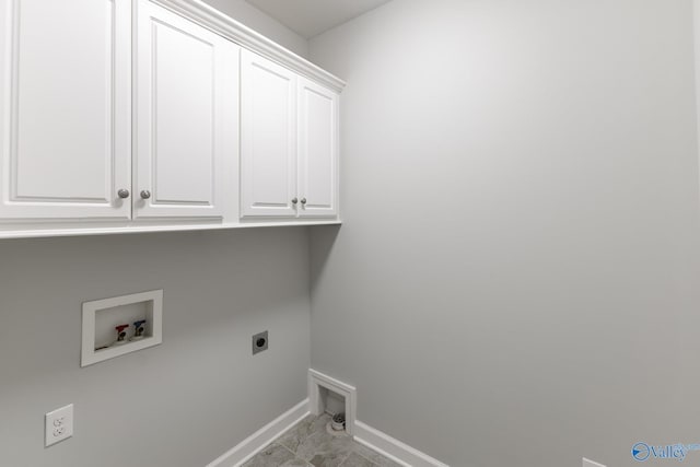 laundry room with cabinet space, washer hookup, marble finish floor, baseboards, and hookup for an electric dryer