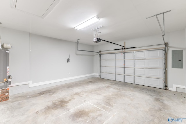 garage with water heater, a garage door opener, and electric panel