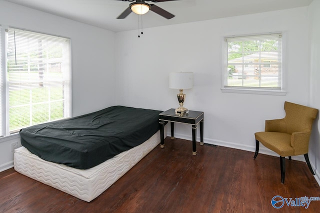 bedroom with multiple windows, ceiling fan, and hardwood / wood-style floors