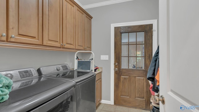 11266 Maggie Lou Dr, Tanner, AL 35671 - clothes washing area featuring separate washer and dryer, cabinet space, ornamental molding, light tile patterned flooring, and baseboards