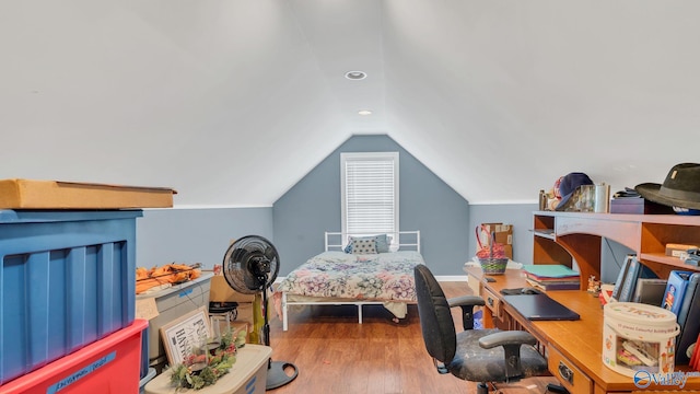11266 Maggie Lou Dr, Tanner, AL 35671 - bedroom featuring wood finished floors, lofted ceiling, an office area, and recessed lighting