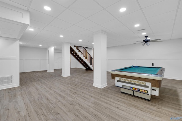 17207 County Road 22, Centre, AL 35960 - rec room with wood finished floors, billiards table, a paneled ceiling, ceiling fan, and baseboards