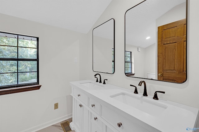 17207 County Road 22, Centre, AL 35960 - full bathroom featuring plenty of natural light, baseboards, vaulted ceiling, toilet, and double vanity