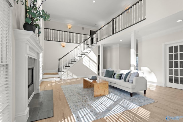 unfurnished living room with light wood-type flooring and ornamental molding