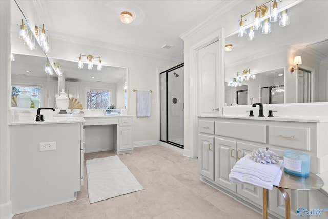 bathroom with vanity, a shower with door, tile patterned flooring, and ornamental molding