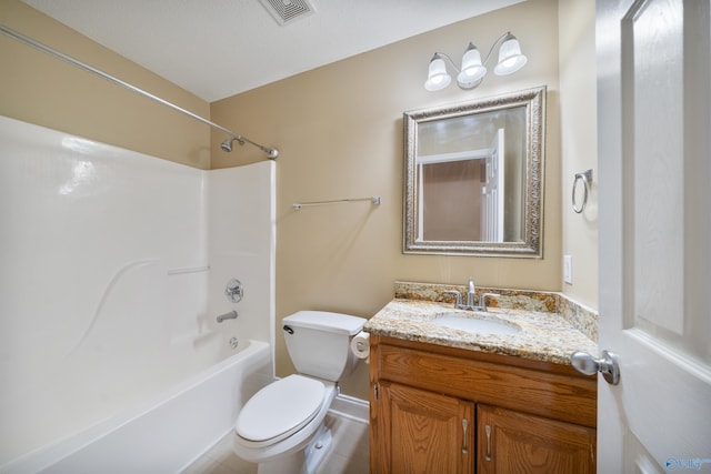 full bathroom featuring vanity, washtub / shower combination, and toilet