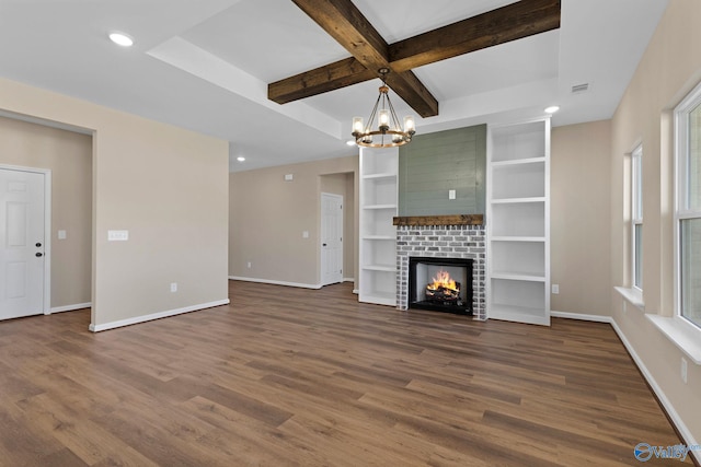 unfurnished living room featuring beamed ceiling, baseboards, recessed lighting, and dark wood finished floors