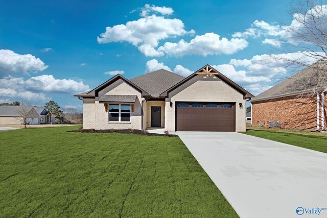 view of front of property featuring driveway, a front lawn, brick siding, a garage, and a shingled roof