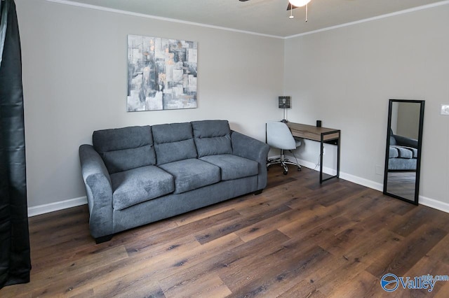 office area with a ceiling fan, baseboards, ornamental molding, and wood finished floors