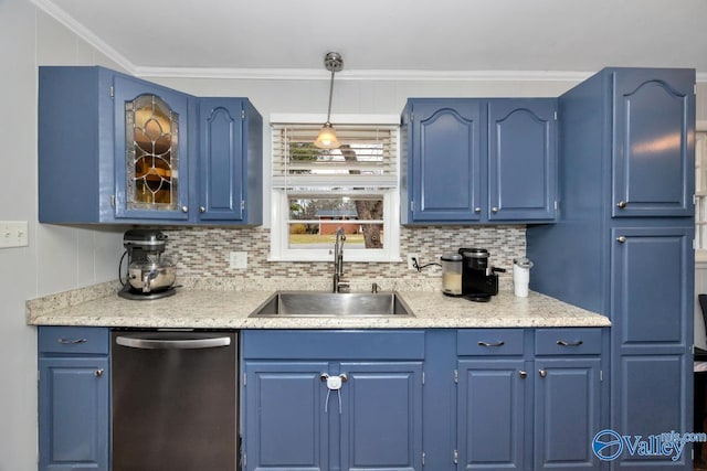 kitchen with dishwasher, blue cabinets, and a sink