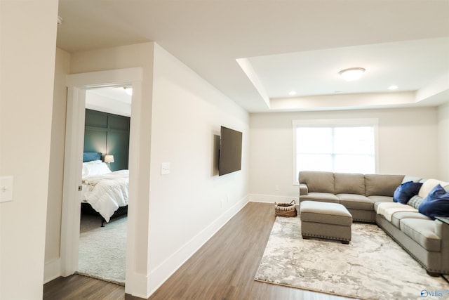 living room featuring hardwood / wood-style flooring and a tray ceiling