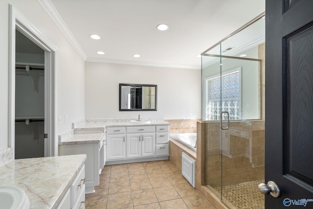 bathroom with crown molding, two vanities, a spacious closet, a stall shower, and a sink