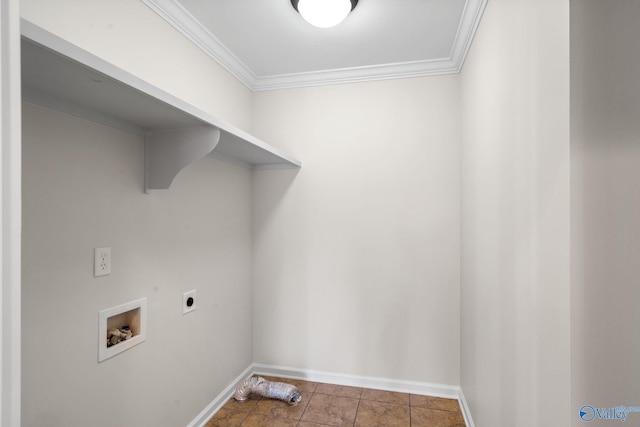 laundry area with laundry area, hookup for a washing machine, ornamental molding, and hookup for an electric dryer
