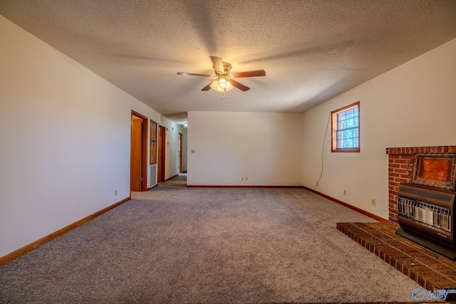 unfurnished living room featuring heating unit, carpet flooring, baseboards, and ceiling fan