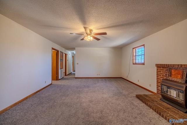 unfurnished living room with baseboards, heating unit, light colored carpet, and a ceiling fan