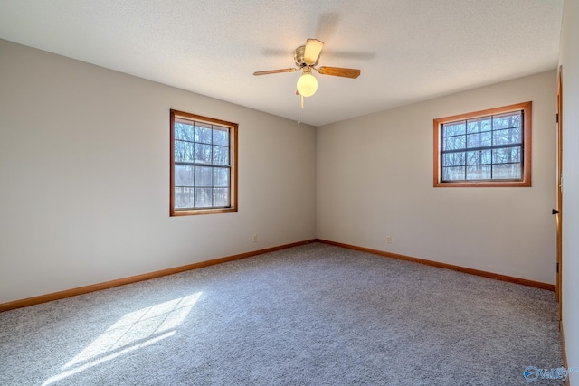 carpeted empty room with a textured ceiling, baseboards, a wealth of natural light, and ceiling fan