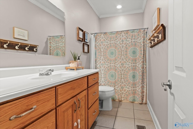 bathroom with ornamental molding, vanity, toilet, tile patterned floors, and a shower with shower curtain