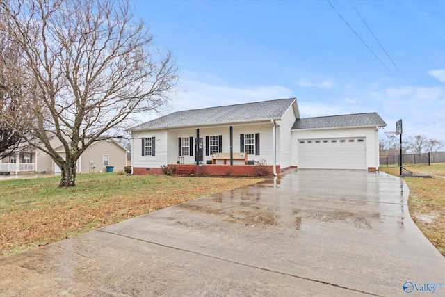 single story home with a garage, a front lawn, and a porch