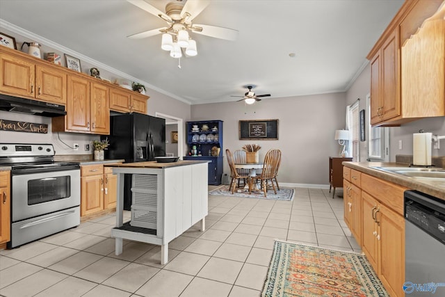 kitchen with sink, ceiling fan, stainless steel appliances, ornamental molding, and light tile patterned flooring