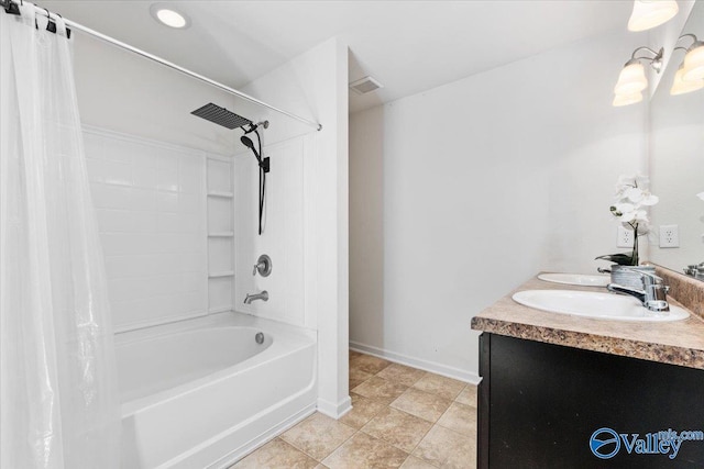 bathroom with tile patterned floors, vanity, and shower / tub combo with curtain