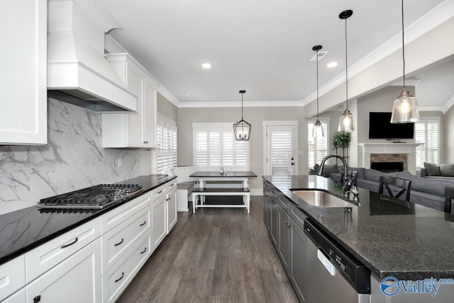 kitchen with a fireplace, crown molding, stainless steel appliances, a sink, and premium range hood