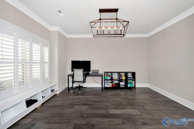 office space featuring baseboards, visible vents, wood finished floors, an inviting chandelier, and crown molding