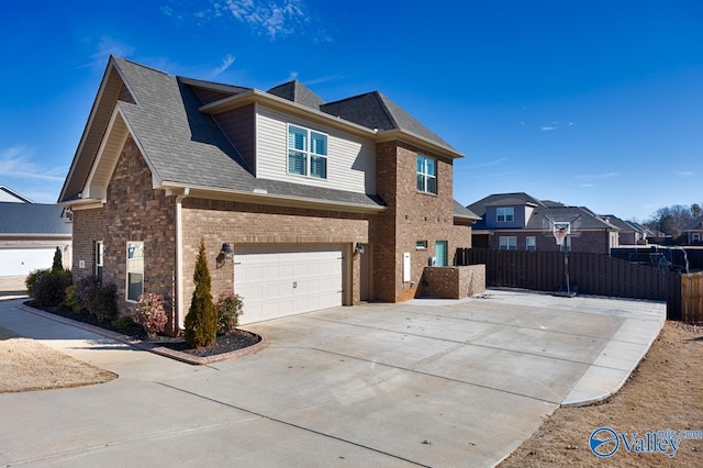 view of property exterior with a garage, brick siding, a shingled roof, fence, and concrete driveway