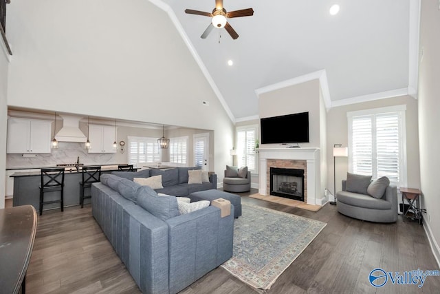 living area featuring plenty of natural light, crown molding, a stone fireplace, and wood finished floors