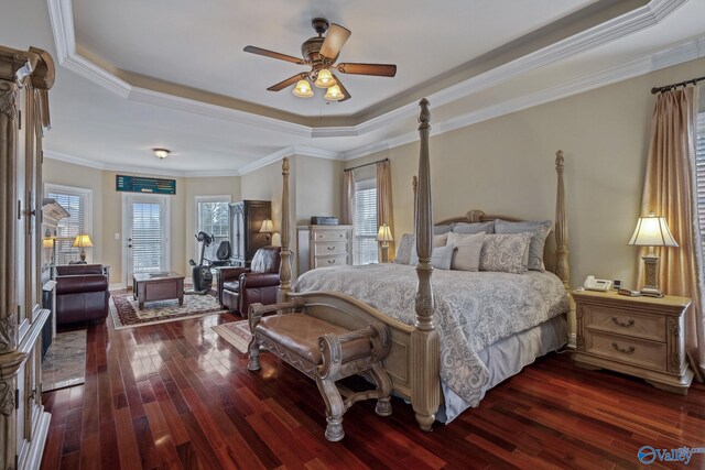 bedroom with crown molding, a tray ceiling, ceiling fan, and wood finished floors